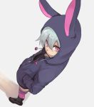  animal_hood bunny_hood foreshortening from_above hands_in_pockets hoodie jonasan original pink_eyes pink_legwear silver_hair solo 