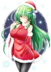  1girl ;) \||/ ^_^ bare_shoulders blush body_blush breasts c: closed_eyes detached_sleeves fur_trim green_hair hand_to_own_mouth hat highres impossible_clothes kochiya_sanae large_breasts leggings long_hair looking_at_viewer one_eye_closed osashin_(osada) ribbed_sweater santa_costume santa_hat scarf smile solo straight_hair sweater touhou turtleneck very_long_hair wide_sleeves yellow_eyes 