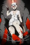  1girl arisawa_kuro axe barbed_wire blood breasts brown_gloves cleaning cleavage eyepatch gloves grey_hair hat high_heels highres holding_weapon looking_at_viewer no_bra nurse nurse_cap open_mouth original red_eyes short_hair solo syringe teeth weapon 