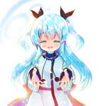  1girl :d ^_^ aqua_hair blush closed_eyes hair_ribbon happy miwabe_sakura noel_(sora_no_method) open_mouth outstretched_hand pom_pom_(clothes) ribbon smile solo sora_no_method two_side_up 