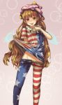  1girl american_flag_legwear american_flag_shirt berabou blush clownpiece fairy_wings gradient gradient_background hat highres jester_cap long_hair looking_at_viewer no_panties orange_hair panties panty_pull pantyhose print_legwear red_eyes shirt shirt_lift short_sleeves smile solo star striped tongue tongue_out touhou underwear wings 