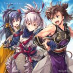  1girl 2boys blue_hair blush brown_eyes brown_hair fire_emblem fire_emblem_if gloves grey_hair hinata_(fire_emblem_if) long_hair multiple_boys oboro_(fire_emblem_if) open_mouth ponytail scar shuri_yasuyuki solo takumi_(fire_emblem_if) 