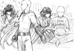  1boy 1girl bald breasts cape cleavage clothes_writing fubuki_(onepunch_man) gloves handheld_game_console indian_style monochrome onepunch_man playstation_portable saitama_(onepunch_man) sitting sketch superhero telekinesis translation_request yanagida_fumita 