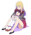  2girls :3 bangs blonde_hair blunt_bangs bow bowtie brown_eyes brown_hair center_frills chibimi chibita dress facial_mark genderswap hair_bow hairband henocchi hug hug_from_behind iyami iyayo lipstick long_hair makeup multiple_girls osomatsu-san simple_background sitting smile thigh-highs twintails whisker_markings white_background 