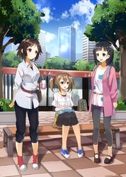  .com 3girls backpack bag bike_shorts black_hair brown_eyes brown_hair casual drink female green_eyes handbag highres kirigaya_suguha leggings lisbeth multiple_girls short_hair silica sitting sword_art_online twintails violet_eyes 