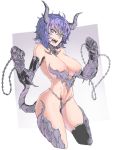  1girl :d blue_eyes blue_hair breasts chain cleavage gauntlets horns looking_at_viewer mason_69 navel open_mouth original scales short_hair smile solo tail teeth tongue 