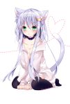  1girl :o animal_ears aqua_eyes artist_name between_legs blush breasts cat_ears cat_tail choker cleavage collarbone crescent_hair_ornament crescent_moon_pin hair_between_eyes hair_ornament hand_between_legs heart kantai_collection kemonomimi_mode long_sleeves looking_at_viewer nanase_nao no_bra open_clothes open_shirt parted_lips purple_hair shirt short_hair_with_long_locks sidelocks simple_background sitting small_breasts solo tail thigh-highs wariza white_background yayoi_(kantai_collection) zettai_ryouiki 