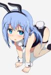  1girl all_fours animal_ears blue_eyes blue_hair blush bunny_girl bunnysuit fake_animal_ears fishnet_legwear fishnets gochuumon_wa_usagi_desu_ka? hair_ornament hairclip kafuu_chino long_hair looking_at_viewer ogipote open_mouth simple_background solo wrist_cuffs x_hair_ornament 