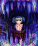  1girl bucket cave colorful dark green_hair hair_bobbles hair_ornament hands_up japanese_clothes kimono kisume kitayuki_kajika looking_at_viewer open_mouth red_eyes reflective_eyes shiny shiny_hair short_sleeves solo touhou two_side_up when_you_see_it 