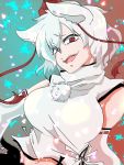  1girl animal_ears breasts detached_sleeves fang hat highres inubashiri_momiji large_breasts looking_at_viewer midriff navel open_mouth pom_pom_(clothes) red_eyes short_hair silver_hair solo tokin_hat touhou wolf_ears 