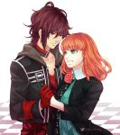  1boy 1girl amnesia_(idea_factory) black_hair braid brown_hair choker couple cowboy_shot flower gloves green_eyes heroine_(amnesia) hetero holding_hands jacket janelle pink_rose red_eyes red_gloves red_shirt rose shin_(amnesia) shirt short_hair smile twitter_username 