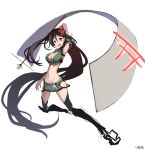  1girl absurdly_long_hair amagi_(kantai_collection) arm_up armpits banner bare_shoulders breasts brown_eyes brown_hair cleavage_cutout cobhc667 crop_top full_body hair_between_eyes highres kantai_collection large_breasts long_hair looking_at_viewer midriff mole mole_under_eye open_mouth ponytail remodel_(kantai_collection) thigh-highs very_long_hair work_in_progress zettai_ryouiki 