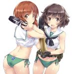  2girls :d akiyama_yukari ass blush brown_eyes brown_hair cowboy_shot crop_top dimples_of_venus dutch_angle from_behind girls_und_panzer gloves green_panties headphones highres looking_back midriff multiple_girls nagayori nishizumi_miho open_mouth panties pouch school_uniform serafuku shiny shiny_skin short_hair side-tie_panties simple_background smile tank_shell underwear white_background 