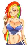  1girl animated animated_gif bangs bare_shoulders bounce bouncing bouncing_breasts breasts cleavage contrapposto derivative_work fringe groin large_breasts long_hair looking_at_viewer lowres maniacpaint midriff multicolored_hair my_little_pony my_little_pony_friendship_is_magic navel personification rainbow_dash rainbow_hair red_eyes simple_background smile solo source_request sweatband white_background 