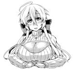  1girl ahoge blush breasts cleavage cleavage_cutout highres large_breasts long_hair looking_at_viewer misakana monochrome open-chest_sweater ponytail ribbed_sweater solo sweater turtleneck very_long_hair vocaloid voyakiloid yowane_haku 