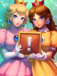  2girls bellhenge blonde_hair blue_eyes brown_hair crown dress earrings gloves highres jewelry long_hair super_mario_bros. multiple_girls princess_daisy princess_peach smile super_mario_bros. 