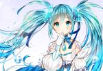  1girl aqua_eyes aqua_hair blush breasts choker cleavage detached_puffy_sleeves detached_sleeves facial_mark gabe_(seelunto) gem gloves hatsune_miku long_hair parted_lips puffy_sleeves solo sparkle tears twintails vocaloid water_droplets white_background white_gloves 