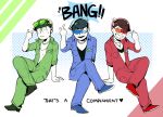  3boys :&lt; ;) alternate_costume arm_support black_hair brothers choromatsu english finger_gun gold_chain heart jewelry jumpsuit karamatsu multicolored_background multiple_boys necklace nyaph one_eye_closed osomatsu-kun osomatsu-san osomatsu_(osomatsu-kun) outside_border siblings simple_background sitting smile sunglasses sunglasses_on_head sweatdrop v-neck winking 