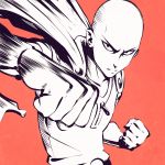  1boy bald cape ilya_kuvshinov male_focus monochrome onepunch_man punching saitama_(onepunch_man) simple_background solo upper_body 