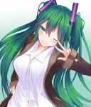  1girl alternate_costume bangs blush breasts buttons cleavage closed_mouth collared_shirt dress_shirt eyebrows eyebrows_visible_through_hair eyes_visible_through_hair gradient gradient_background green_eyes green_hair hair_between_eyes hair_ornament hand_on_hip hatsune_miku highres jacket kiseno long_hair long_sleeves looking_at_viewer one_eye_closed shirt smile solo twintails unbuttoned upper_body very_long_hair vocaloid white_shirt 