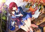 2girls angel_beats! bangs blue_skirt boots box brown_hair cable cardigan closed_mouth digital_media_player dutch_angle earphones electric_guitar eyebrows eyebrows_visible_through_hair finger_to_mouth guitar hisako_(angel_beats!) holding_paper instrument iwasawa leaf leaning_on_person leaning_to_the_side long_sleeves looking_at_viewer miniskirt multiple_girls outdoors paper parted_lips pavement pleated_skirt railing red_eyes redhead school_uniform serafuku shade sheet_music short_hair shushing sitting skirt sleeping smile soda_can stairs tazu thigh_strap tree 