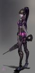  1girl absurdres arms_at_sides ass back black_gloves blue_lips bodysuit boots breasts gloves glowing gradient gradient_background grey_background headgear high_heels highres holding_weapon legs_apart long_hair midfinger22 overwatch ponytail purple_hair purple_skin shadow signature solo standing thigh_strap very_long_hair visor weapon widowmaker_(overwatch) yellow_eyes 