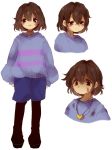  androgynous blush brown_eyes brown_hair dirty_clothes dirty_face frisk_(undertale) heart heart_necklace koyashaka59 red_eyes smile spoilers striped striped_sweater sweater tagme undertale 