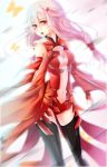  1girl absurdres bare_shoulders black_legwear breasts center_opening cleavage detached_sleeves elbow_gloves gloves guilty_crown hair_ornament hairclip highres long_hair looking_at_viewer navel open_mouth pink_hair red_eyes solo thigh-highs twintails yuzuriha_inori yzl 