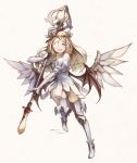  1girl angel_wings armor artist_name blonde_hair blue_eyes boots collarbone dated demon_wings dress elbow_gloves eyepatch gloves hair_ribbon head_wreath little_noah long_hair noah_(little_noah) open_mouth pomon_illust puffy_sleeves ribbon solo staff tagme thigh-highs thigh_boots traditional_media wings 