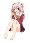  1girl barefoot blue_eyes charlotte_(anime) highres ippachi licking long_hair otter school_uniform serafuku sitting tomori_nao twintails two_side_up 