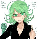  2girls anger_vein black_dress curly_hair dress fubuki_(onepunch_man) green_eyes green_hair middle_finger multiple_girls onepunch_man raised_eyebrow short_hair six_(fnrptal1010) small_breasts solo_focus tatsumaki translation_request 