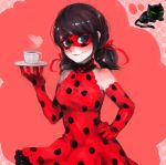  1girl adapted_costume bare_shoulders black_cat black_hair blue_eyes cat choker cup domino_mask dress earrings elbow_gloves gloves hair_ribbon hand_on_hip jewelry kowalu ladybug_(character) long_hair low_twintails marinette_cheng mask miraculous_ladybug polka_dot red_dress red_gloves ribbon saucer teacup twintails 