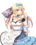  1girl alice_(wonderland) bare_shoulders blonde_hair blue_eyes bow bowtie breasts cat cleavage copyright_name detached_sleeves doll dress fuya_(tempupupu) hair_bow jewelry long_hair necklace original rabbit simple_background solo uncraft_world watermark white_background wristband 