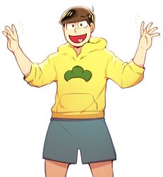  1boy arms_up brown_eyes brown_hair cowboy_shot denim denim_shorts heart heart_in_mouth hoodie jyushimatsu male_focus nyaph osomatsu-kun osomatsu-san shorts sleeves_rolled_up smile sweatshirt 