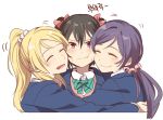  3girls :t ^_^ akni ayase_eli black_hair blazer blonde_hair blush bow bowtie cheek-to-cheek closed_eyes girl_sandwich group_hug hair_bow hair_ornament hair_scrunchie hug korean long_hair love_live!_school_idol_project low_twintails multiple_girls open_mouth ponytail purple_hair red_eyes sandwiched school_uniform scrunchie short_hair sketch smile toujou_nozomi twintails yazawa_nico 