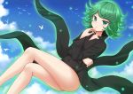  1girl :t animal bare_legs bird black_dress blue_sky blush collarbone crossed_legs curly_hair dress green_eyes green_hair hand_on_own_chin kazenokaze levitation long_sleeves looking_at_viewer onepunch_man outdoors sky solo tatsumaki telekinesis 