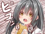  1girl black_hair blush bread child commentary creek_(moon-sky) croquette eating food food_on_face hoodie long_hair open_mouth original portrait purple_background sexually_suggestive simple_background solo yellow_eyes youjo_(creek_(moon-sky)) 