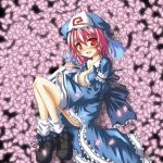  1girl blush breasts cleavage commentary_request hat japanese_clothes large_breasts open_clothes open_mouth pink_hair red_eyes ribbon saigyouji_yuyuko short_hair solo touhou triangular_headpiece yuuji_(itadon) 