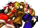  4girls animal_ears artist_request blonde_hair blue_bowtie blush brown_eyes brown_hair caster_(fate/extra) closed_eyes dress epaulettes fate/extra fate/extra_ccc fate_(series) fox_ears fox_tail hair_ribbon heart highres kishinami_hakuno_(female) lancer_(fate/extra_ccc) long_hair multiple_girls open_mouth pink_hair ribbon saber_extra school_uniform source_request sparkle tail yuri 
