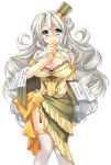  1girl book breasts cleavage glasses green_eyes hair_ornament hand_on_own_chin hikage_eiji jewelry koihime_musou large_breasts long_hair long_sleeves looking_at_viewer revealing_clothes silver_hair simple_background smile solo very_long_hair white_legwear 