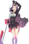  1girl artist_request breasts glaive gloves kantai_collection mechanical_halo miniskirt purple_hair short_hair skirt solo tatsuta_(kantai_collection) teeth violet_eyes 