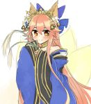  1girl animal_ears bare_shoulders bell blush bow breasts caster_(fate/extra) fate/extra fate_(series) fox_ears fox_tail hair_ribbon hekikuu_(kanaderuyume) japanese_clothes long_hair pink_hair ribbon sketch sleeves_past_wrists solo tail yellow_eyes 