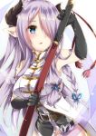  :o absurdres amane_tari armlet black_gloves blue_eyes blue_ribbon blush braid breasts butterfly_hair_ornament coat cowboy_shot elbow_gloves gem gloves granblue_fantasy hair_ornament hair_over_one_eye highres holding_weapon huge_weapon jewelry large_breasts lavender_hair long_hair narumeia_(granblue_fantasy) open_mouth oversized_object pointy_ears polearm ribbon sapphire_(stone) simple_background single_braid standing very_long_hair weapon white_background 