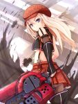  1girl alisa_ilinichina_amiella blue_eyes boots breasts cabbie_hat elbow_gloves fingerless_gloves from_behind gloves god_eater hat huge_weapon long_hair navel pantyhose plaid silver_hair skirt solo suspender_skirt suspenders thigh-highs thigh_boots weapon 