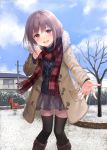  1girl black_legwear blue_sky boots brown_eyes brown_hair clouds coat fukahire_sanba long_sleeves looking_at_viewer open_clothes open_coat open_mouth original outstretched_hand playground power_lines scarf skirt sky smile snow solo sweater thigh-highs tree winter winter_clothes zettai_ryouiki 