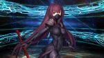  arm_guards armor bangs bodysuit covered_mouth covered_navel cowboy_shot fate/grand_order fate_(series) gae_bolg hair_between_eyes holding_weapon long_hair mask polearm purple_hair red_eyes scathach_(fate/grand_order) shoulder_pads skin_tight tsuuhan very_long_hair weapon 