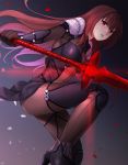  1girl bodysuit breasts fate/grand_order fate_(series) glint gradient gradient_background highres kkkok__a long_hair looking_at_viewer parted_lips pauldrons polearm purple_hair red_eyes scathach_(fate/grand_order) solo very_long_hair weapon 
