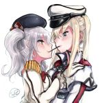  2girls blonde_hair blue_eyes blush capelet embarrassed epaulettes from_side gloves graf_zeppelin_(kantai_collection) green_eyes hair_between_eyes hands_on_another&#039;s_shoulders hat highres implied_yuri kantai_collection kashima_(kantai_collection) long_hair looking_at_another military military_uniform multiple_girls peaked_cap pocky pocky_day sidelocks silver_hair spiz twintails uniform wavy_hair white_gloves 
