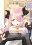  1girl black_gloves blue_eyes book bookshelf braid breast_rest breasts cable character_doll character_request cleavage demon_horns fingerless_gloves gloves gradient_eyes granblue_fantasy hair_ornament hair_over_one_eye holding horns lace large_breasts lavender_hair long_hair monitor multicolored_eyes narumeia_(granblue_fantasy) open_mouth pointy_ears purple_hair sleeveless solo stitches stylus tablet twilightrain upper_body violet_eyes 