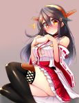  /\/\/\ 1girl absurdres baozi bare_shoulders black_hair blush boots breasts choker detached_sleeves food hair_ornament hairband hairclip haruna_(kantai_collection) highres japanese_clothes kantai_collection large_breasts long_hair looking_at_viewer nontraditional_miko ribbon-trimmed_sleeves ribbon_trim simple_background skirt solo thigh-highs thigh_boots tsukui_kachou 